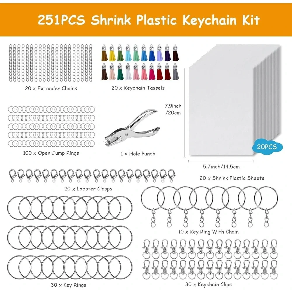 Csyidio 251pcs Shrink Dink Keychain Kit Includes 20 Shrink Sheets Hole Punch etc